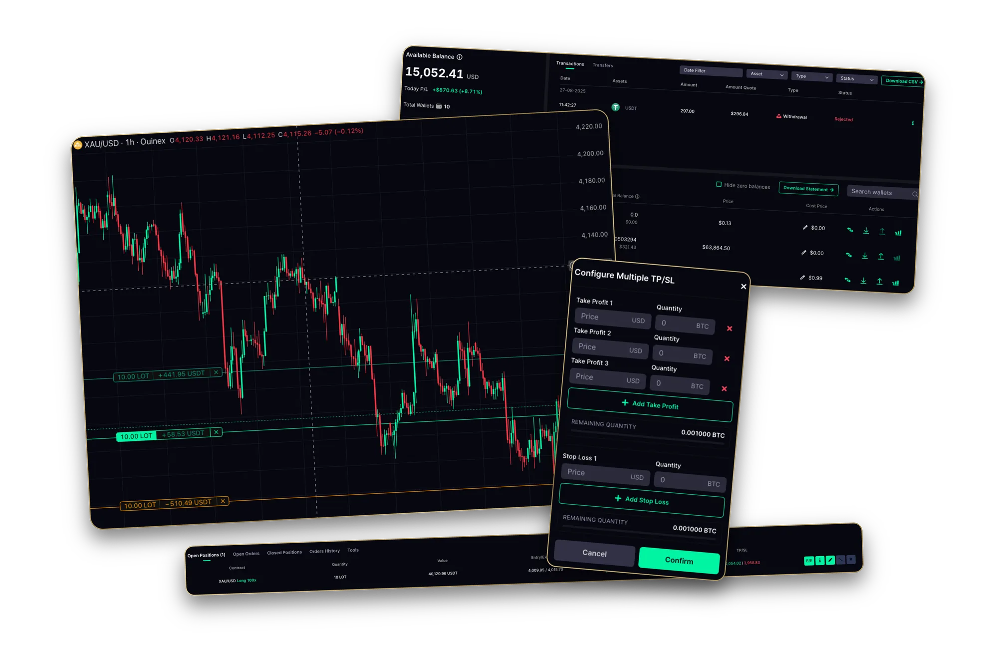 TenX Circle trading terminal — live chart with take-profit and stop-loss levels, wallet balances, transactions and multi TP/SL order panel